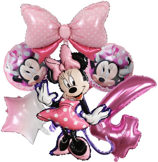 6 stuks folieballonnen - Minnie Mouse - thema ballonnen - Roze - getal 4 - verjaardag - 4 jaar - kinderverjaardag -
