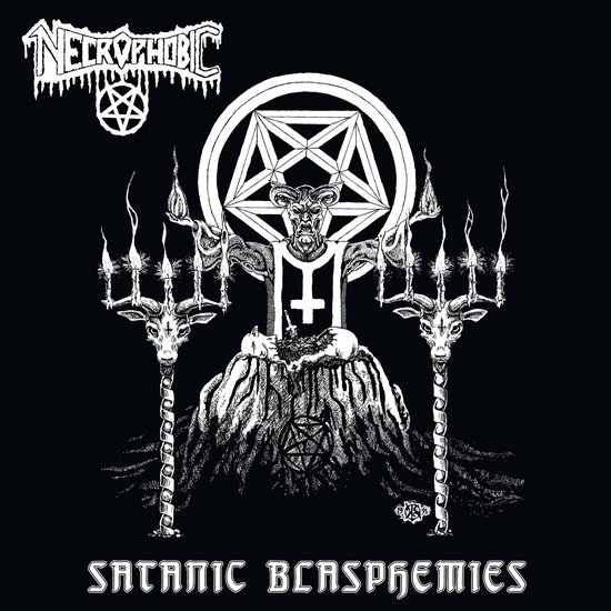 Albumhoes met het "Necrophobic" logo, een pentagram, een demonische figuur en de tekst "Satanic Blasphemies".