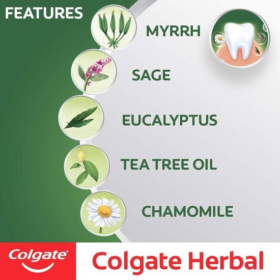 Colgate Herbal tandpasta met mirre, salie, eucalyptus, tea tree olie en kamille.