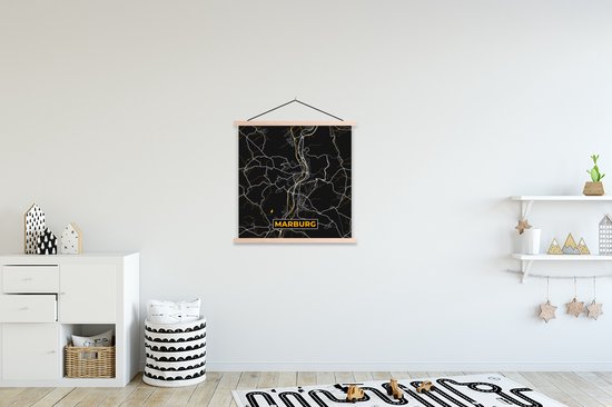 Posterhanger incl. Poster 90x90 cm - Schoolplaat - Stadskaart – Kaart – Marburg – Gold – Duitsland – Plattegrond - Textielposter - Blanke latten - Stadskaart