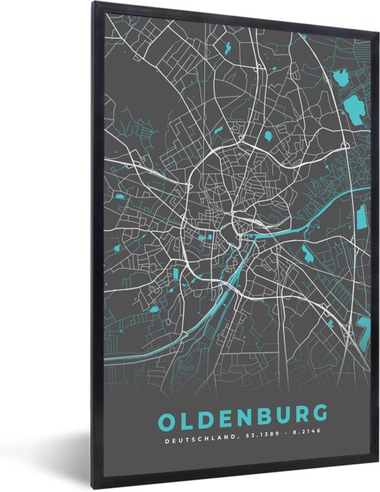 Fotolijst incl. Poster - Oldenburg – Stadskaart – Blauw – Plattegrond ...