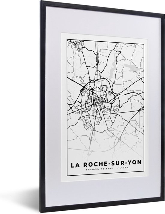 Fotolijst incl. Poster Zwart Wit- Stadskaart - Plattegrond - La Roche-sur-Yon - Kaart - Frankrijk - Zwart wit - 40x60 cm - Posterlijst