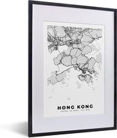 Fotolijst incl. Poster Zwart Wit- Hong Kong - Stadskaart - Zwart Wit - Plattegrond - Kaart - 30x40 cm - Posterlijst