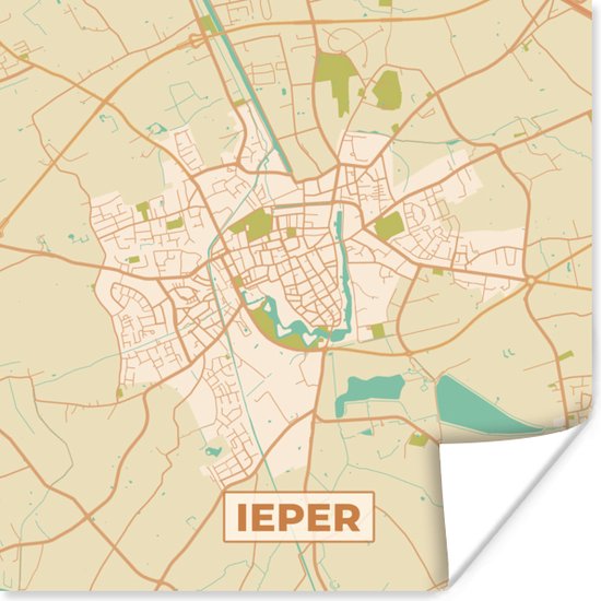 Poster Vintage - Ieper - Plattegrond - Kaart - Stadskaart - 50x50 cm