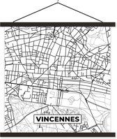 Posterhanger incl. Poster - Schoolplaat - Frankrijk – Vincennes - Plattegrond – Stadskaart – Kaart - Zwart wit - 90x90 cm - Zwarte latten - Plattegrond