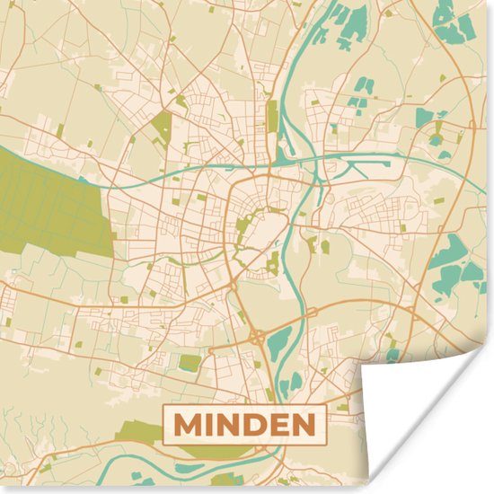 Poster Minden - Plattegrond - Kaart - Stadskaart - Vintage - 75x75 cm