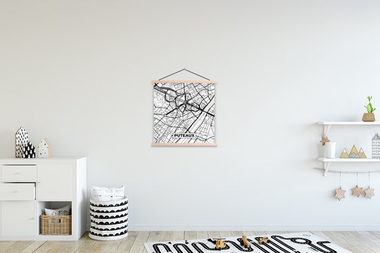 Posterhanger incl. Poster 40x40 cm - Schoolplaat - Kaart - Puteaux - Plattegrond - Frankrijk - Stadskaart - Zwart wit - Textielposter - Blanke latten - Stadskaart
