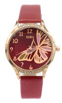 Horloge met Vlinder - Kast 35 mm - Band Kunstleer - Bordeaux