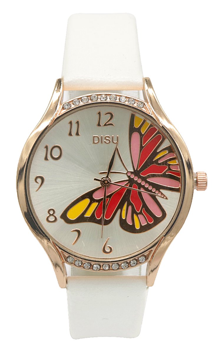 Horloge met Vlinder - Kast 35 mm - Band Kunstleer - Wit