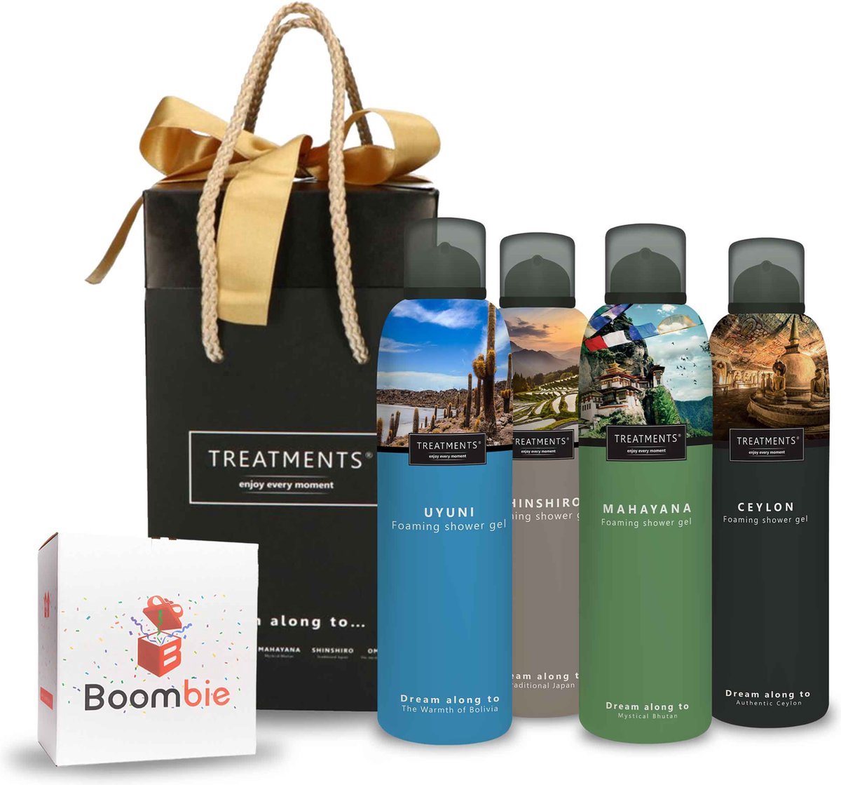 Shower Giftbox - Treatments - 4 heerlijke Foaming shower gels - Ceylon - Shinshiro - Uyuni - Mahayana | Verstuurd in sierlijke Boombie doos! | Cadeau