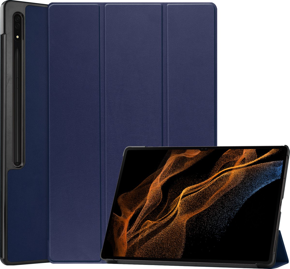 Case2go - Tablet Hoes geschikt voor Samsung Galaxy Tab S8 Ultra (2022) - Auto Wake Functie - Tri-Fold Book Case - Donker Blauw
