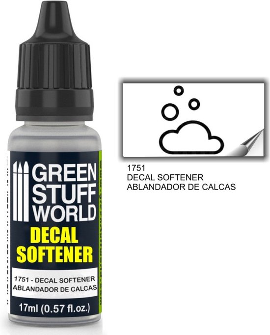 Flesje Green Stuff World Decal Softener 17ml met zwart dopje. Tekst 'DECAL SOFTENER' in geel.