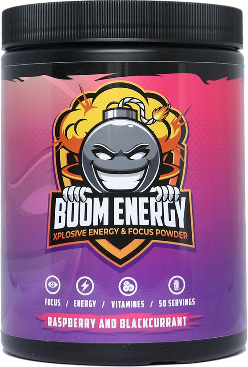 Boom Energy Framboos & Zwarte bes - Suikervrije Gaming Energy drink - Gezonde Energy Drink - Pre workout - 50 servings