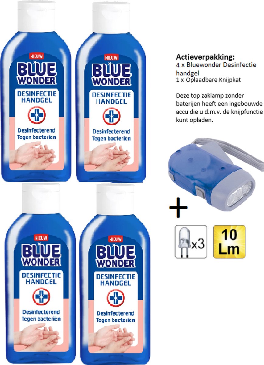 Blue Wonder Desinfectie Handgel - 100 ML - 4 Stuks + Zaklamp/Knijpkat