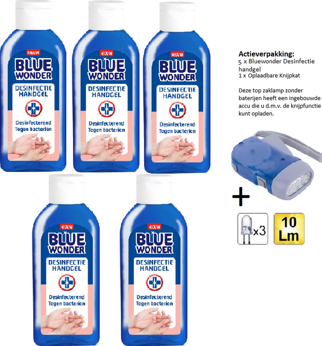 Blue Wonder Desinfectie Handgel - 100 ML - 5 Stuks + Zaklamp/Knijpkat