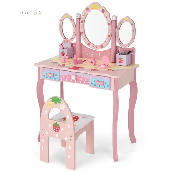 FURNIBELLA -  2 in 1 kaptafel voor kinderen met afneembare spiegel 3 lades 2 dozen in prinsesstijl voor meisjes roze