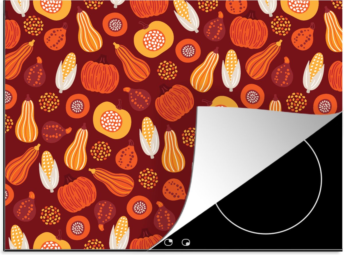 KitchenYeah® Inductie beschermer 75x52 cm - Pompoen - Maïs - Herfst - Patronen - Kookplaataccessoires - Afdekplaat voor kookplaat - Inductiebeschermer - Inductiemat - Inductieplaat mat