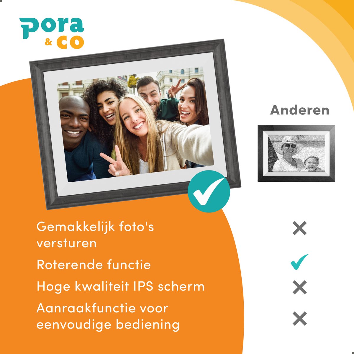 Pora&Co - Digitale fotolijst met WiFi en Frameo App – 10 inch - Pora – HD -IPS Display – Wit/Bruin - Micro SD – Touchscreen thumbnail 5