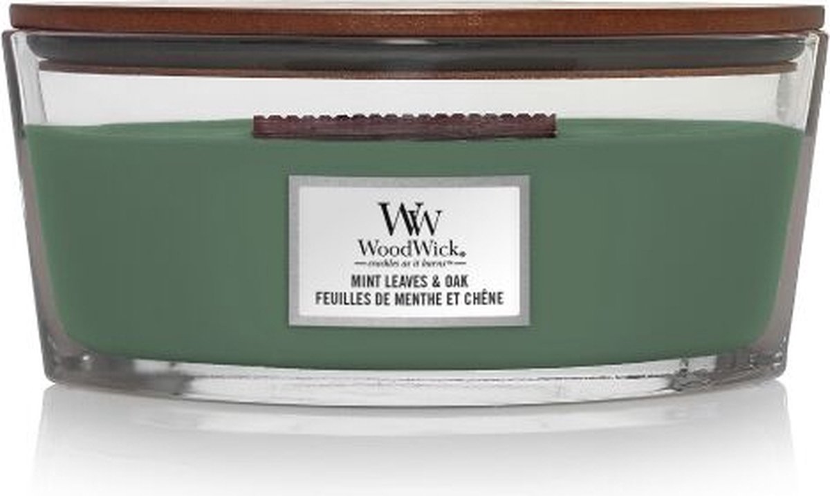 WoodWick Heartwick Flame Ellipse Geurkaars - Mint Leaves & Oak - 50 branduren Groen