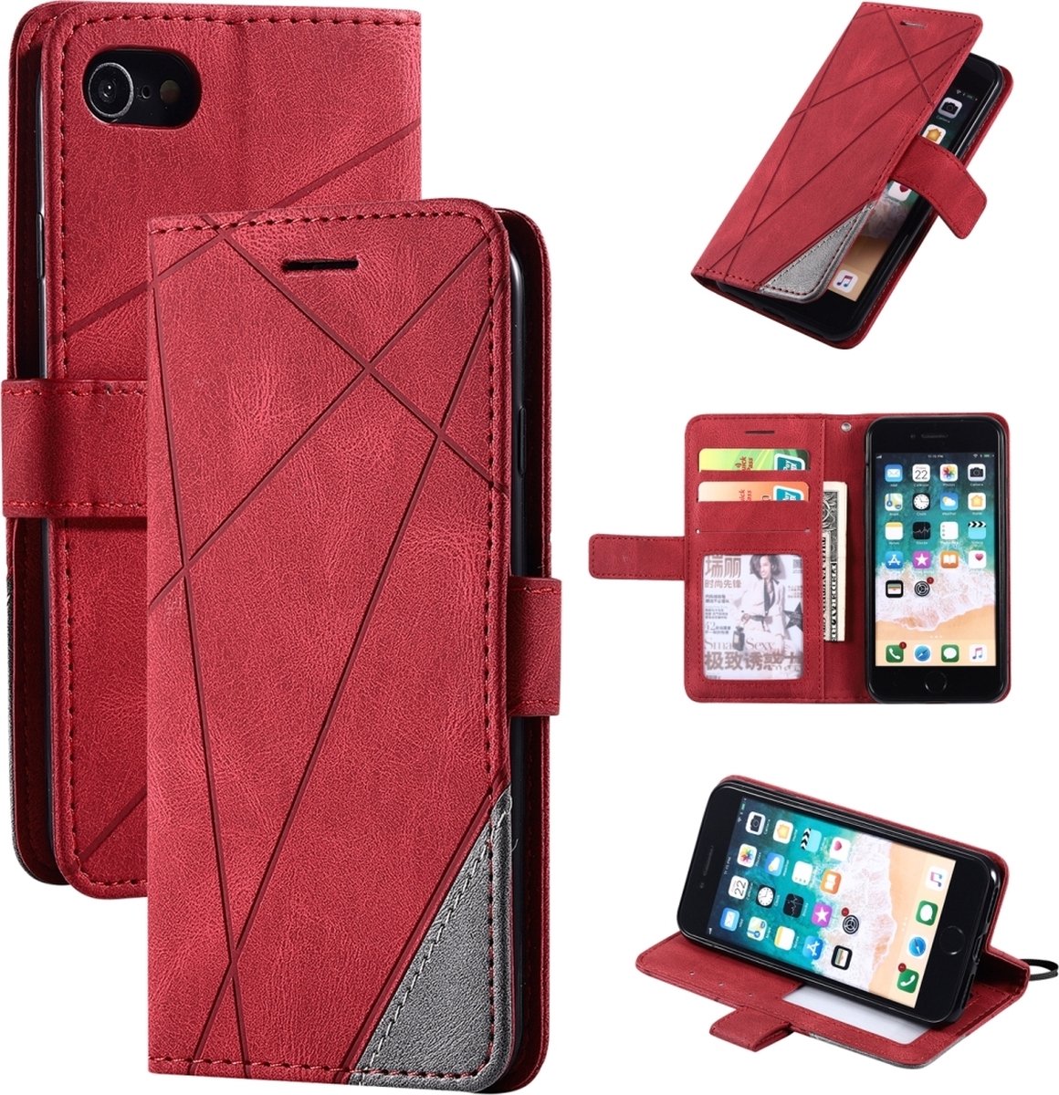 Mobigear Telefoonhoesje geschikt voor Apple iPhone SE (2022) Hoesje | Mobigear Rhombus Bookcase Portemonnee | Pasjeshouder voor 2 Pasjes | Telefoonhoesje voor Pinpas / OV Kaart / Rijbewijs - Rood