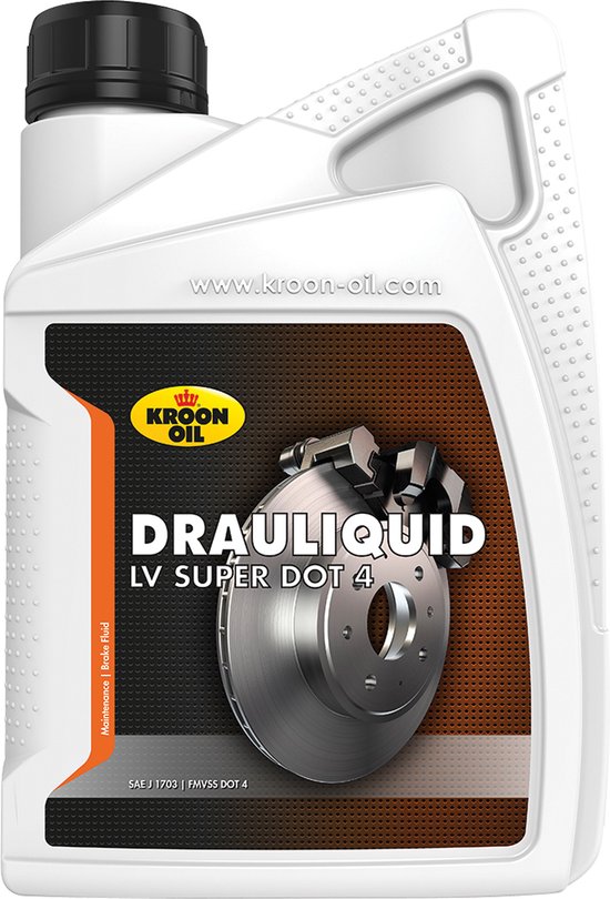 Witte kunststof container met zwarte dop, met oranje en bruine etikettering die de tekst 'KROON OIL DRAULIQUID LV SUPER DOT 4' en een afbeelding van een remschijf toont.