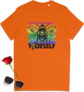 Gay Pride t shirt - Pride tshirt - Bee Yourself - Dames tshirt met print - Heren t shirt met Pride opdruk - Unisex Pride Shirt - Unisex maten: S M L XL XXL XXXL - tshirt kleuren: Wit en oranje.