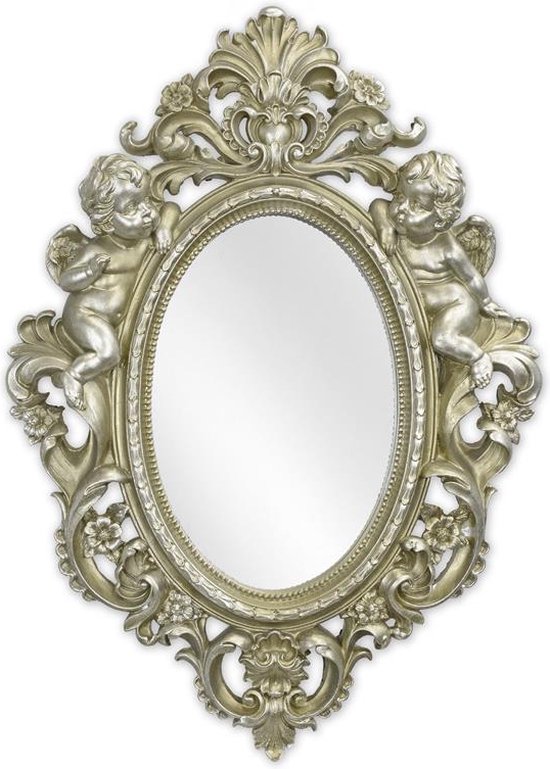 Zilveren spiegel - Klassieke afwerking met engels - Polyresin, ovaal - 48,8 cm hoog