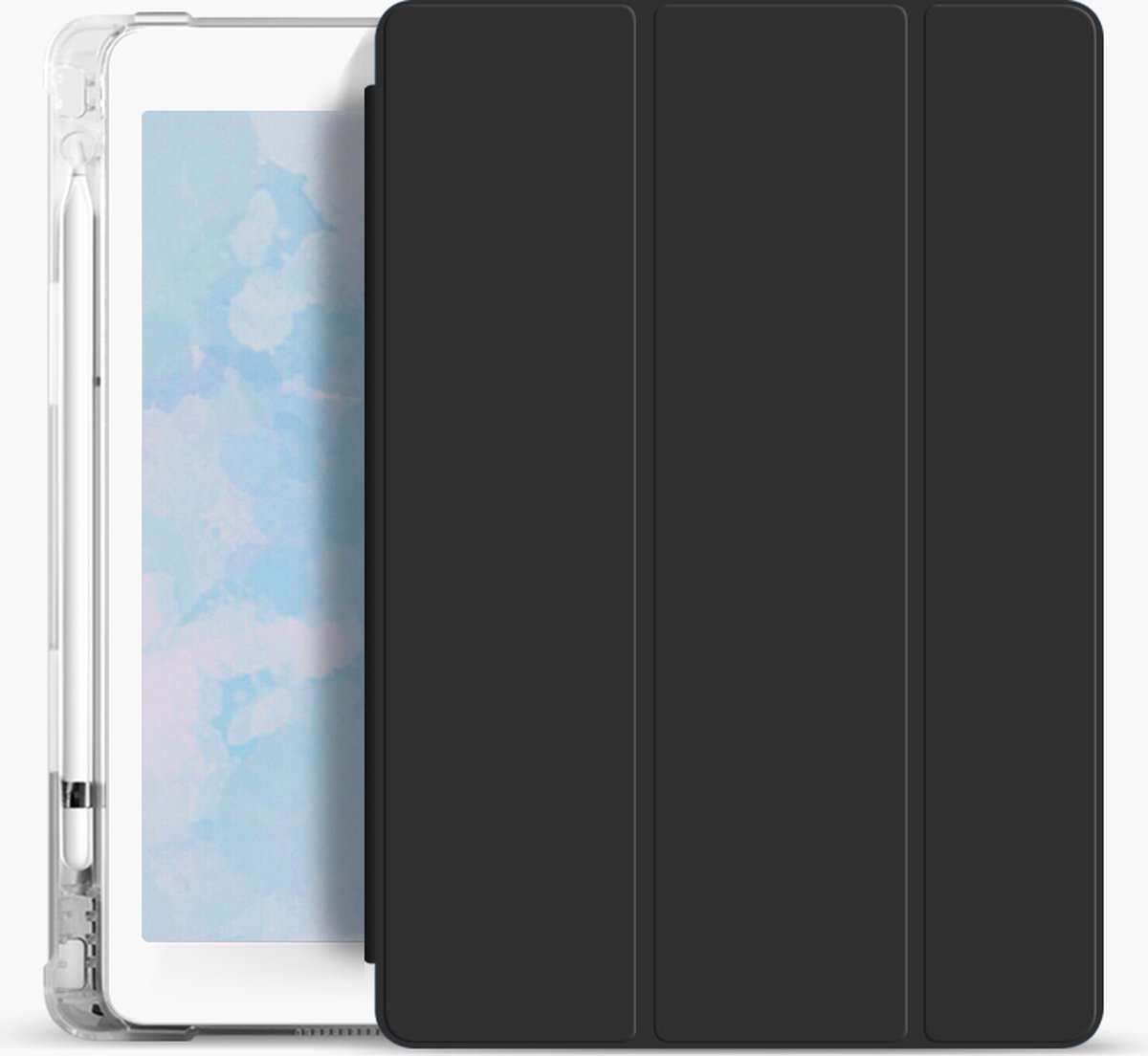 OMAZU Trifold anti-shock tablethoes geschikt voor Apple iPad Pro 12,9” (2020)(2021) met handige Apple pencil houder,en transparante achterkant – Sleeve kleur Zwart