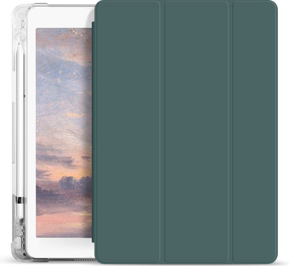 OMAZU Trifold anti-shock tablethoes geschikt voor Apple iPad Pro 12,9” (2020)(2021) met handige Apple pencil houder,en transparante achterkant – Sleeve kleur Groen