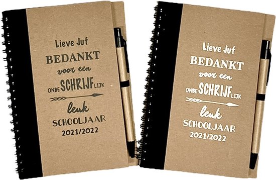 2 Notitieboekjes van gerecycled papier met pen | Juf Cadeau | Einde