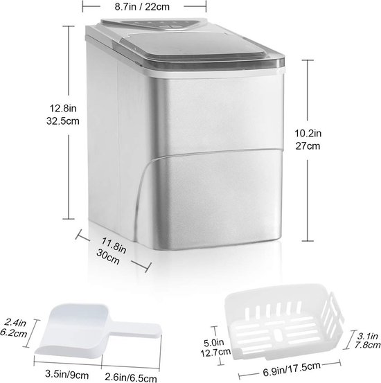 WIE Ijsblokjesmachine, Zelfreinigende Ijsblokjesmaker, 9 Ijsblokjes in 6 Minuten, 1.5L Ijsblokjesmachine, met Handgreep/Mandje/Schep/Stil, Roestvrij Staal