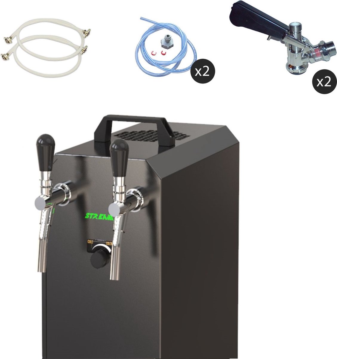 Complete set - Biertap - stream 50/K 2-kraans RVS, 50 liter/u, met membraanpomp - Biertap, Beertender, Thuistap, Bierkoeler, Type M, Type S