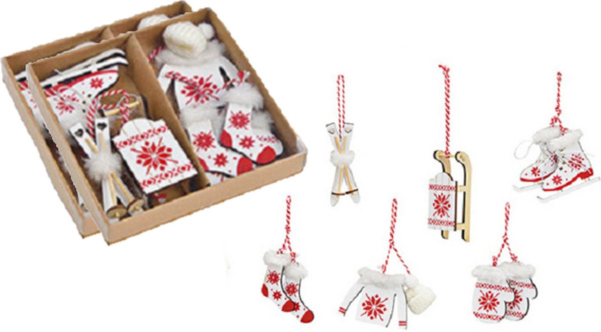 12x stuks houten kersthangers wit/rood wintersport thema kerstboomversiering - Kerstversiering kerstornamenten