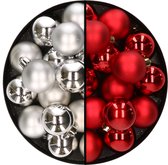 32x stuks kunststof kerstballen mix van zilver en rood 4 cm - Kerstversiering