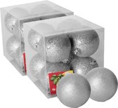 16x stuks kerstballen zilver glitters kunststof diameter 7 cm - Kerstboom versiering