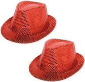 2x stuks rood trilby glitter party hoedjes met pailletten - carnaval verkleed hoeden
