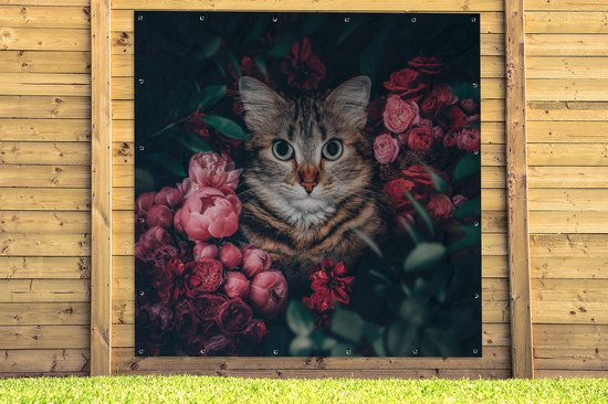 Affiche de jardin - Chat - Animaux - Fleurs - Roses - 200x200 cm - Affiche clôture - Décoration murale