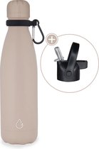 Wattamula Luxe design eco RVS drinkfles - nude - extra dop met rietje en carrier - 500 ml - waterfles - thermosfles - sport