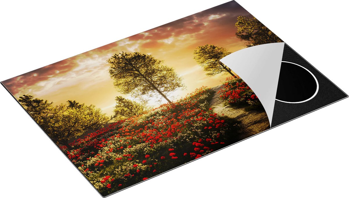 Chefcare Inductie Beschermer Mooi Landschap met Rode Bloemen en Zonsondergang - 75x50 cm - Afdekplaat Inductie - Kookplaat Beschermer - Inductie Mat