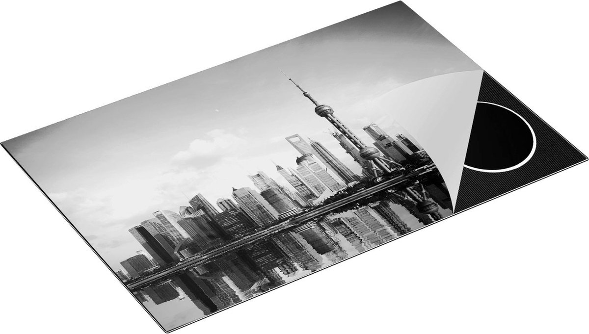 Chefcare Inductie Beschermer Shanghai Skyline in China - Zwart Wit - 80x55 cm - Afdekplaat Inductie - Kookplaat Beschermer - Inductie Mat