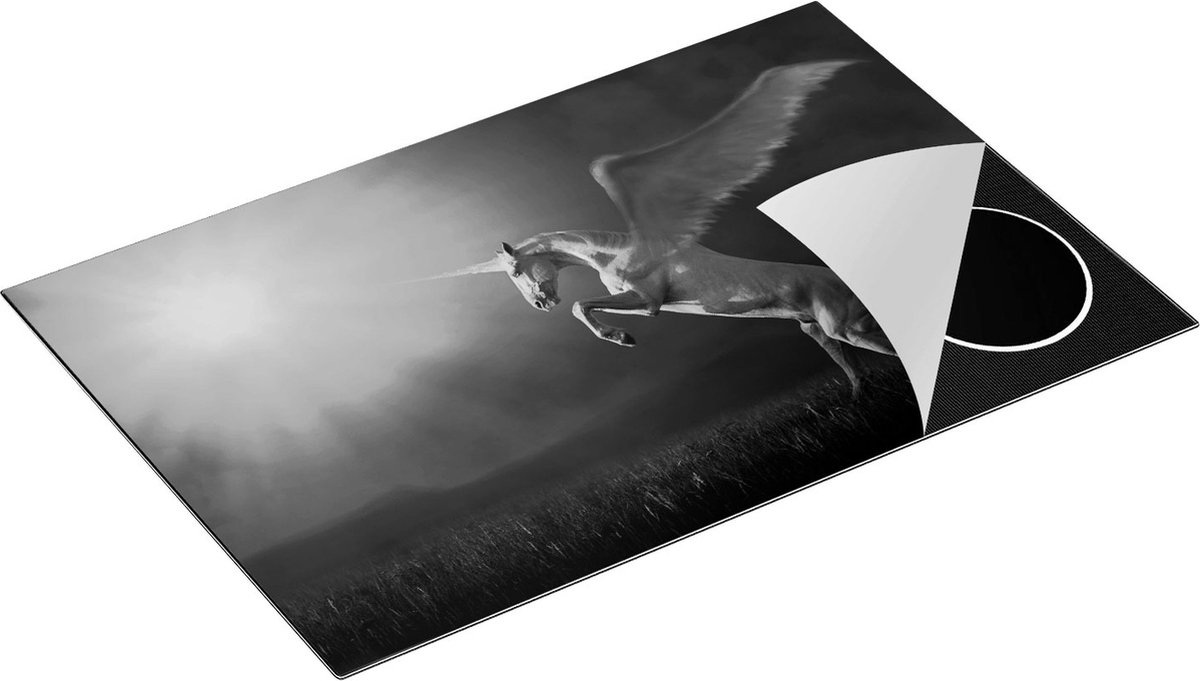 Chefcare Inductie Beschermer Eenhoorn met Vleugels in het Gras - Zwart Wit - 80x55 cm - Afdekplaat Inductie - Kookplaat Beschermer - Inductie Mat