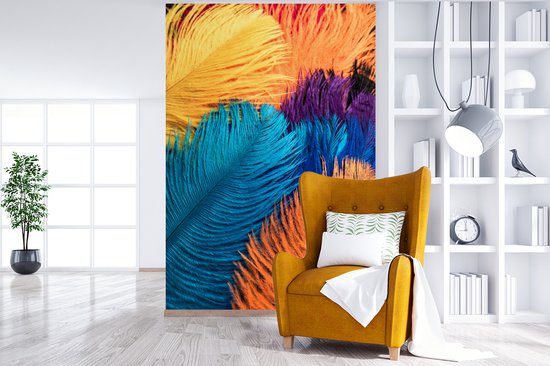 Papier peint photo peint photo vinyle - Structures de plumes colorées largeur 160 cm x hauteur 240 cm - Tirage photo sur papier peint (disponible en 7 tailles)
