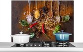 KitchenYeah® Spatscherm keuken 100x65 cm - Kookplaat achterwand kruiden - Lepels met specerijen - Muurbeschermer hittebestendig - Spatwand fornuis - Hoogwaardig aluminium - Wanddecoratie industrieel