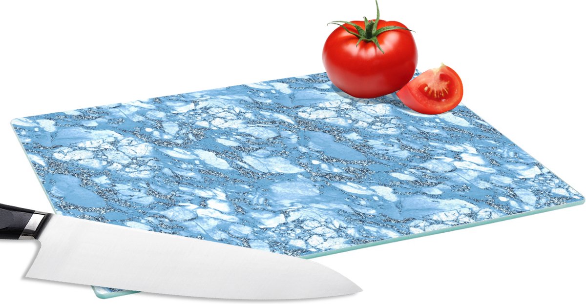 Glazen Snijplank - 28x20 - Marmer - Glitter - Blauw - Snijplanken Glas