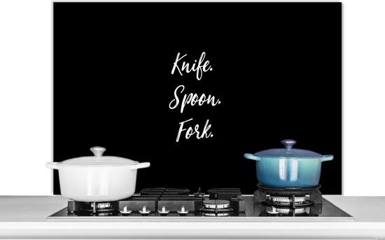 Foto: Spatscherm keuken 100x65 cm kookplaat achterwand knife spoon fork spreuken quotes bestek muurbeschermer spatwand fornuis hoogwaardig aluminium