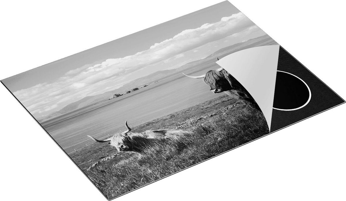Chefcare Inductie Beschermer Twee Schotse Hooglanders bij een Meer - Zwart Wit - 70x55 cm - Afdekplaat Inductie - Kookplaat Beschermer - Inductie Mat