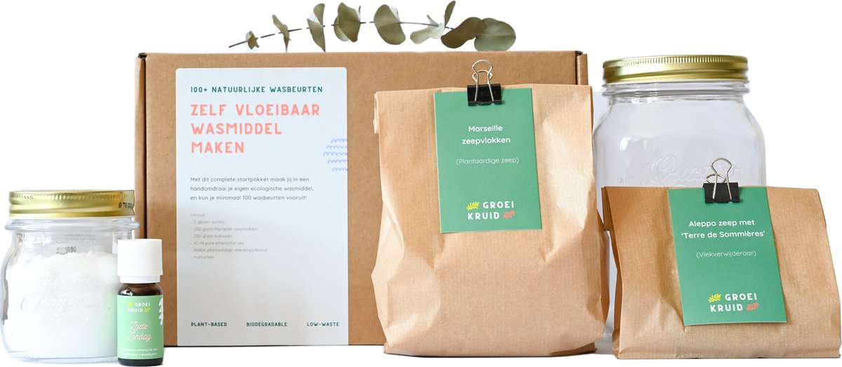 Goedkoopste Groeikruid Ecologisch Wasmiddel | DIY Wasmiddel Pakket | Zelf Wasmiddel Maken | 10L | Zero Waste | Natuurlijk | Plasticvrij | met Marius Fabre Zeepvlokken en Etherische Olie