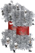 2x stuks lametta kerstslingers met sterretjes zilver 200 x 6,5 cm - kerstslingers/kerst guirlandes