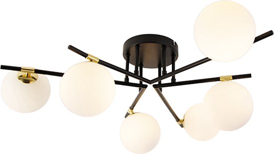 QAZQA lynn - Art Deco Plafondlamp - 6 lichts - Ø 76 cm - Zwart Goud - Woonkamer | Slaapkamer | Keuken