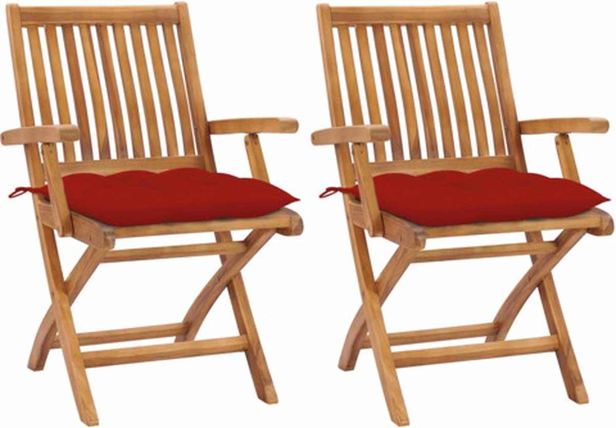 vidaXL - Tuinstoelen - 2 - st - met - rode - kussens - massief - teakhout